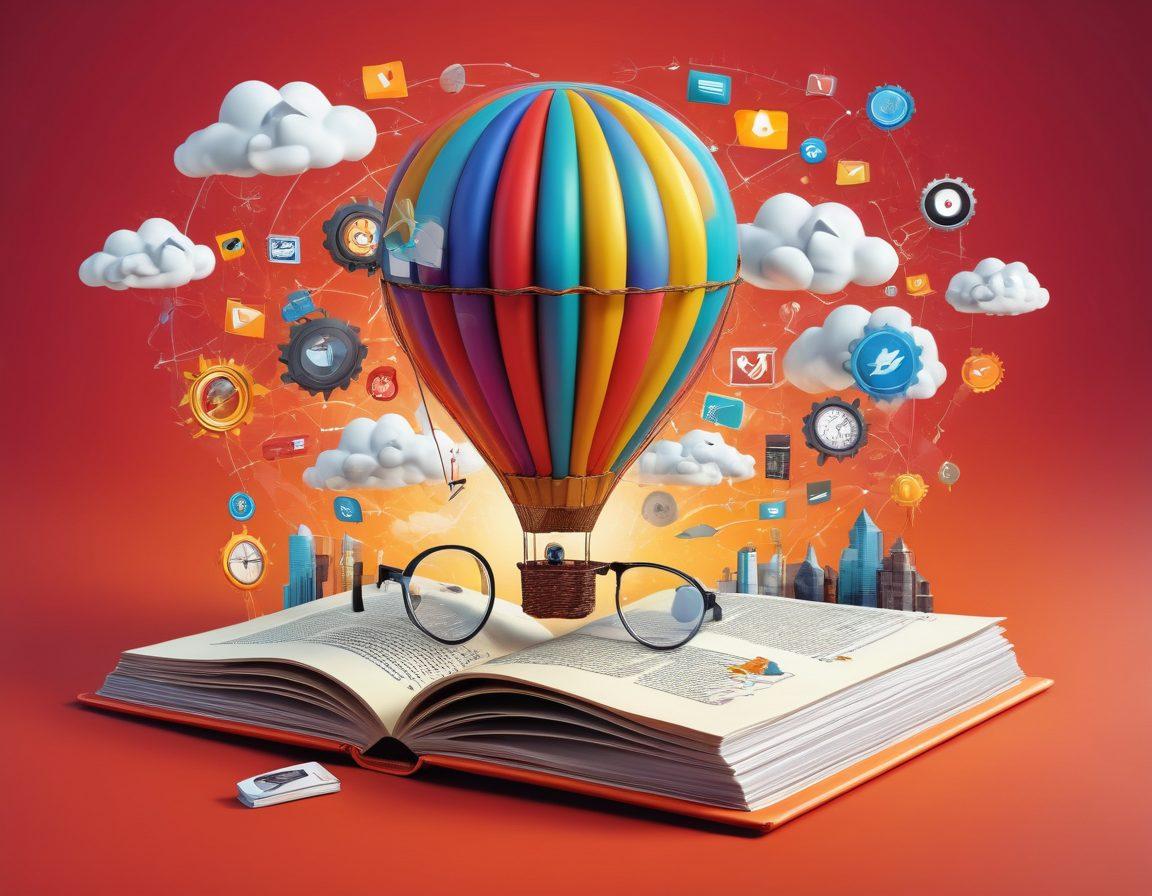 A visually dynamic representation of a journal soaring upwards like a hot air balloon, surrounded by arrows and icons symbolizing search engine optimization, such as magnifying glasses and gears. The background features a digital landscape with website elements transforming into clouds, conveying the idea of visibility and growth. Bright and engaging colors to attract attention and convey creativity. 3D. vibrant colors.