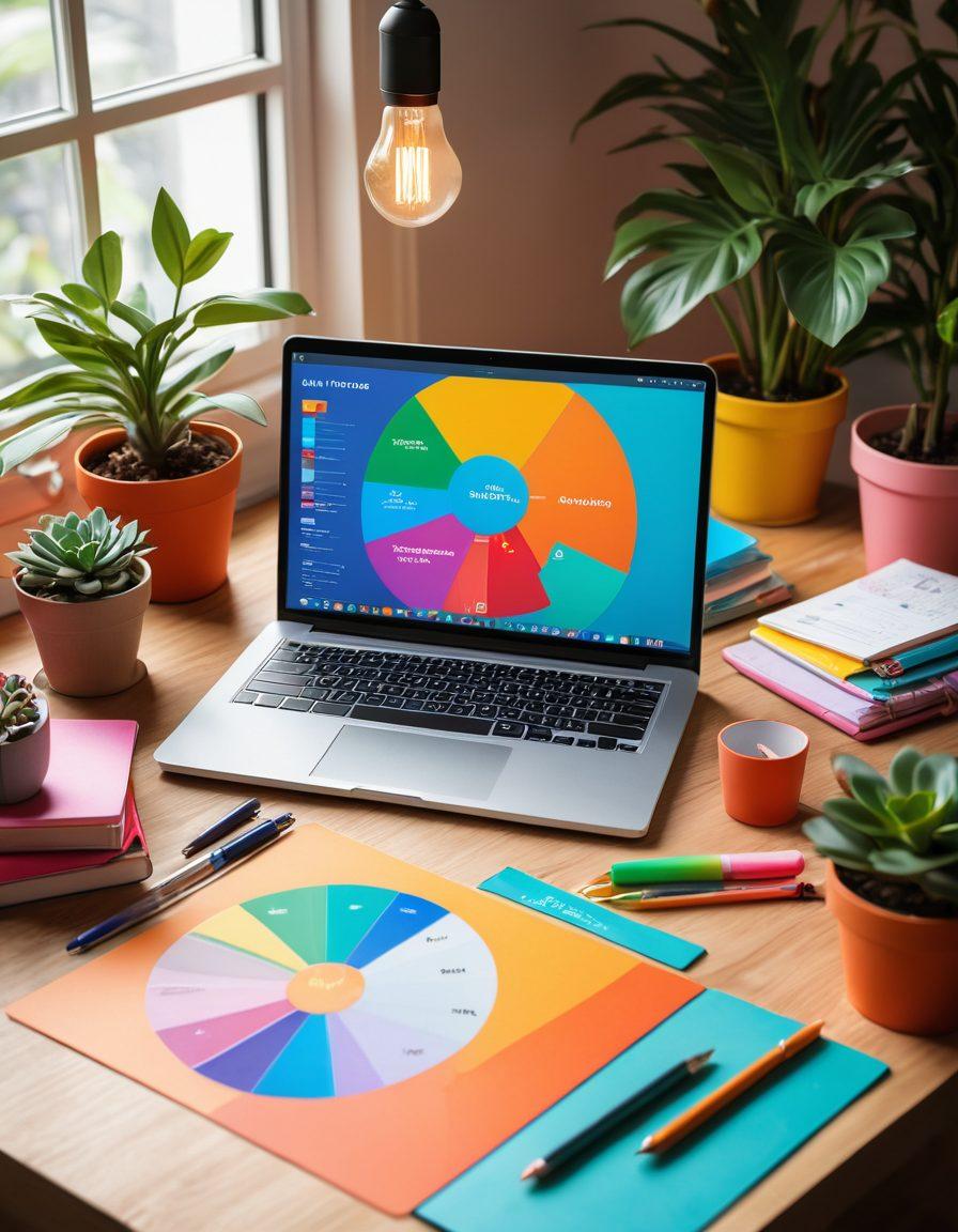 An open laptop on a vibrant desk covered with colorful stationery, showcasing a beautifully designed blog interface with dynamic graphs and SEO analytics. In the background, a lightbulb glowing, symbolizing creativity and inspiration, alongside potted plants for a refreshing feel. The scene is vibrant and inviting, appealing to aspiring bloggers. 3D. vibrant colors. modern design.