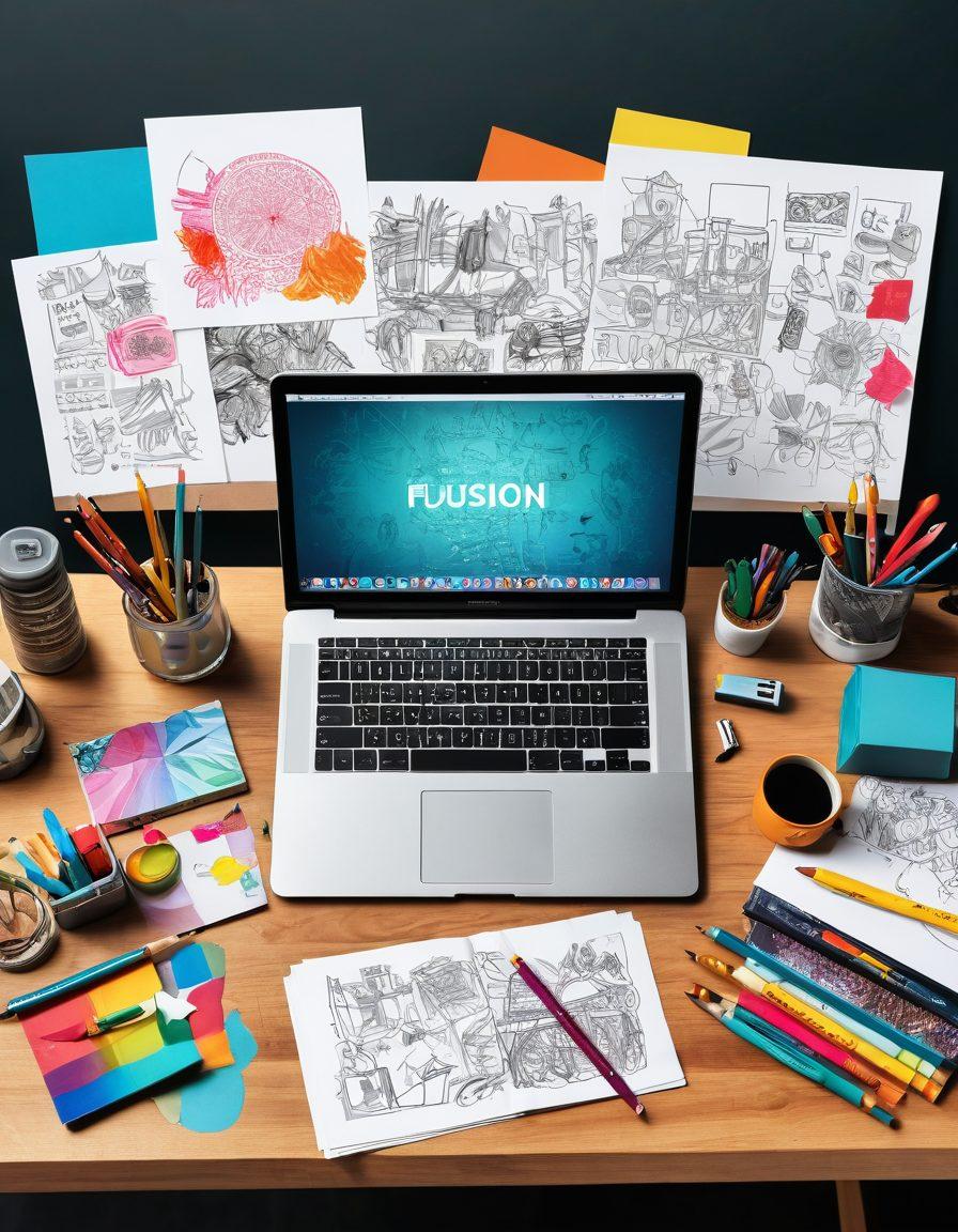 A dynamic collage illustrating a creative workspace, featuring a designer's desk with vibrant sketches, a laptop displaying content strategy outlines, and colorful branding materials. Incorporate elements like paintbrushes, a color palette, and digital graphics that represent the fusion of visual design and content strategy. The overall feel should evoke inspiration and creativity. vibrant colors. 3D. artistic composition.